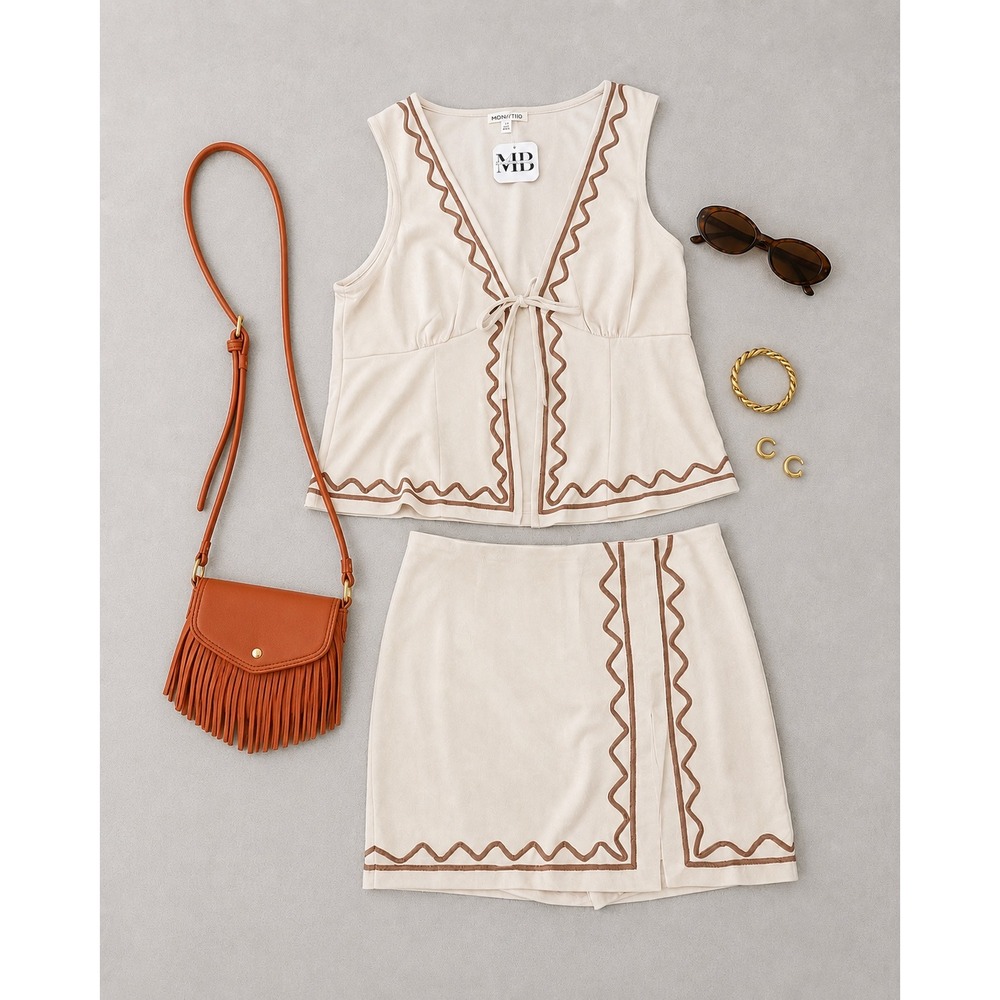 Main Strip Faux Suede Vest Skort SET Cream Coastal Cowgirl Western Boho NWT